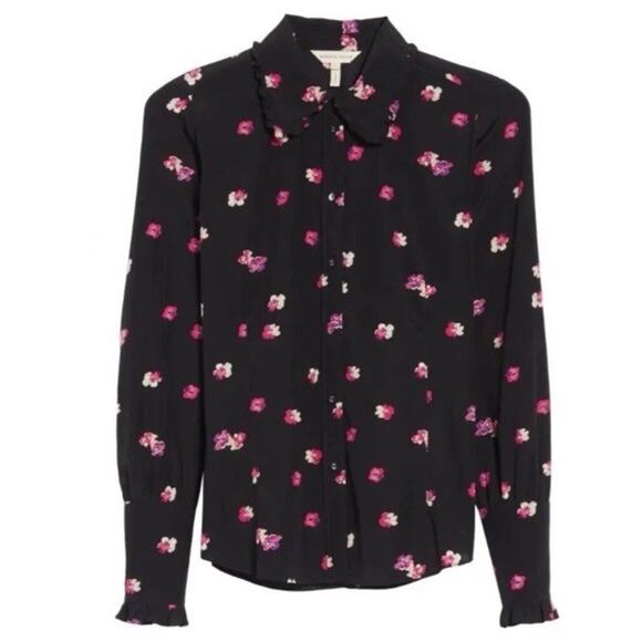 Rebecca Taylor Blouse Black Pink 6 Floriana Long Sleeve Silk Feminine Floral Top - Picture 13 of 15